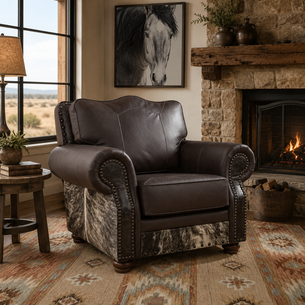 Dark grey/brown and brindle cowhide club chair