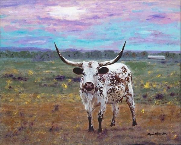 Canvas art of Longhorn "Pearl" in field, art by Sherri Alexander - Blue Mountain Brands USA