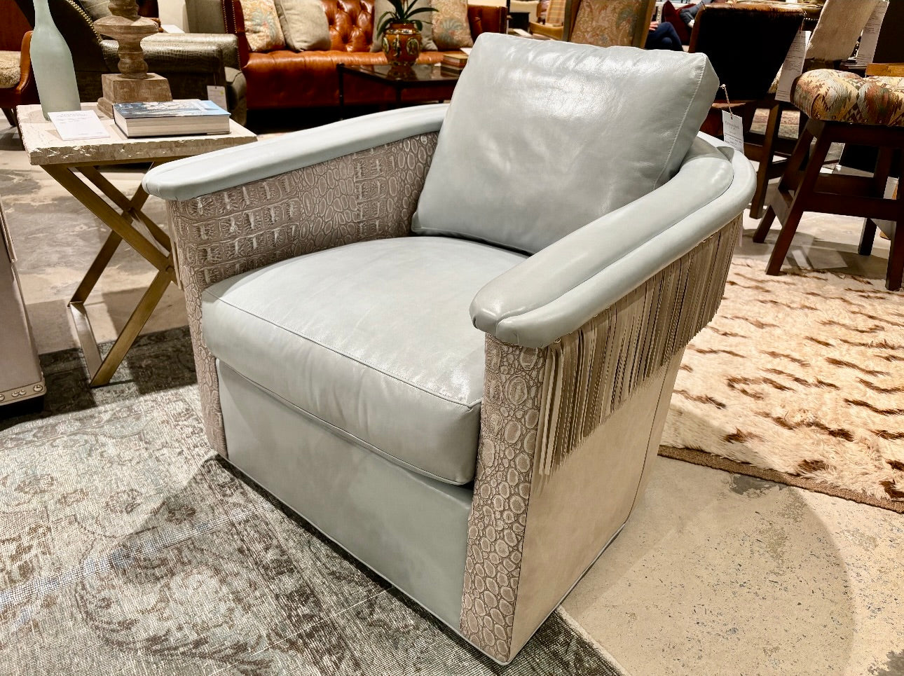 Custom and American made Western Elegance Leather Swivel Chair with Fringe - Blue Mountain Brands USA