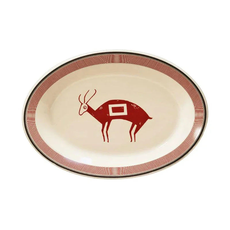 Mimbreño oval serving platter in maroon and white with Aztec deer design - Blue Mountain Brands USA