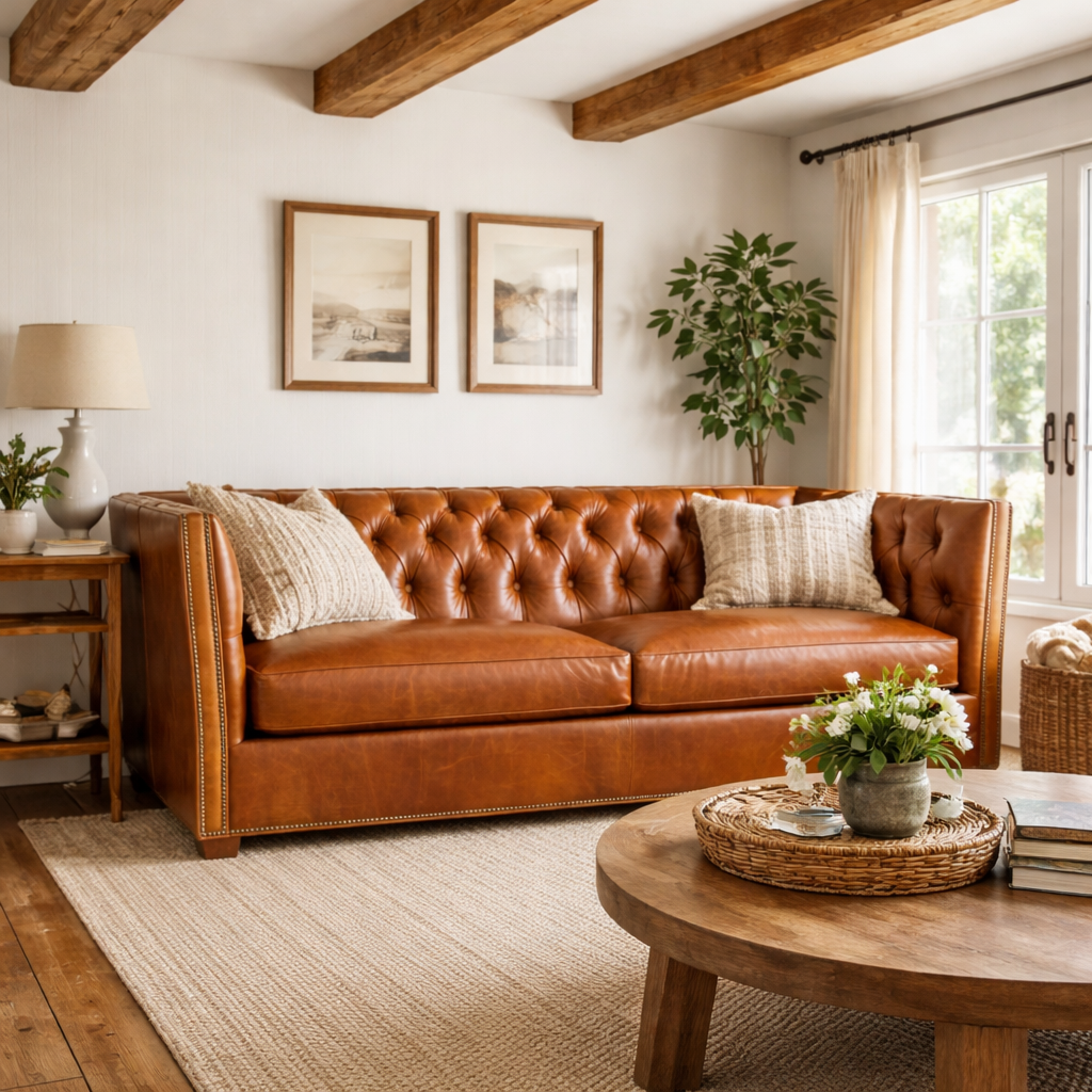 Cozy living room with a brown leather sofa, wooden coffee table, and decorative elements - Blue Mountain Brands USA