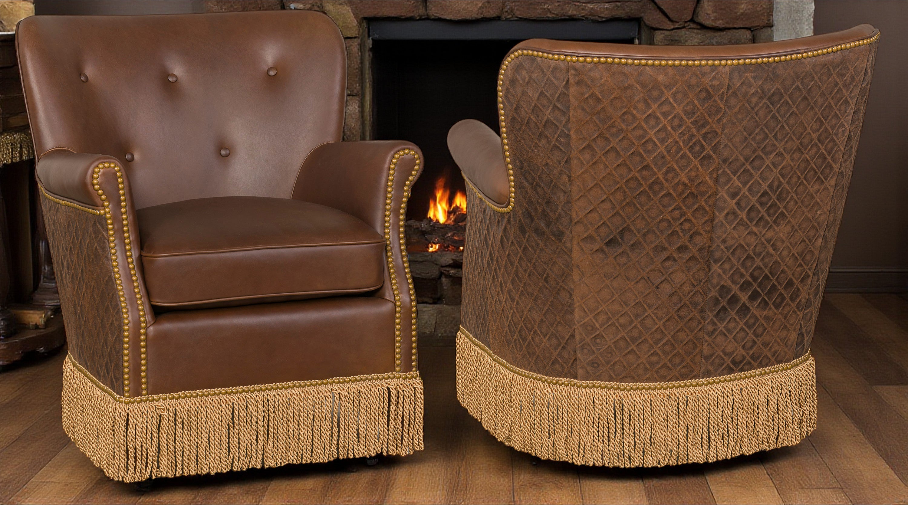 McCoy brown leather swivel chairs with bullion twisted fringe made in the USA - Blue Mountain Brands USA