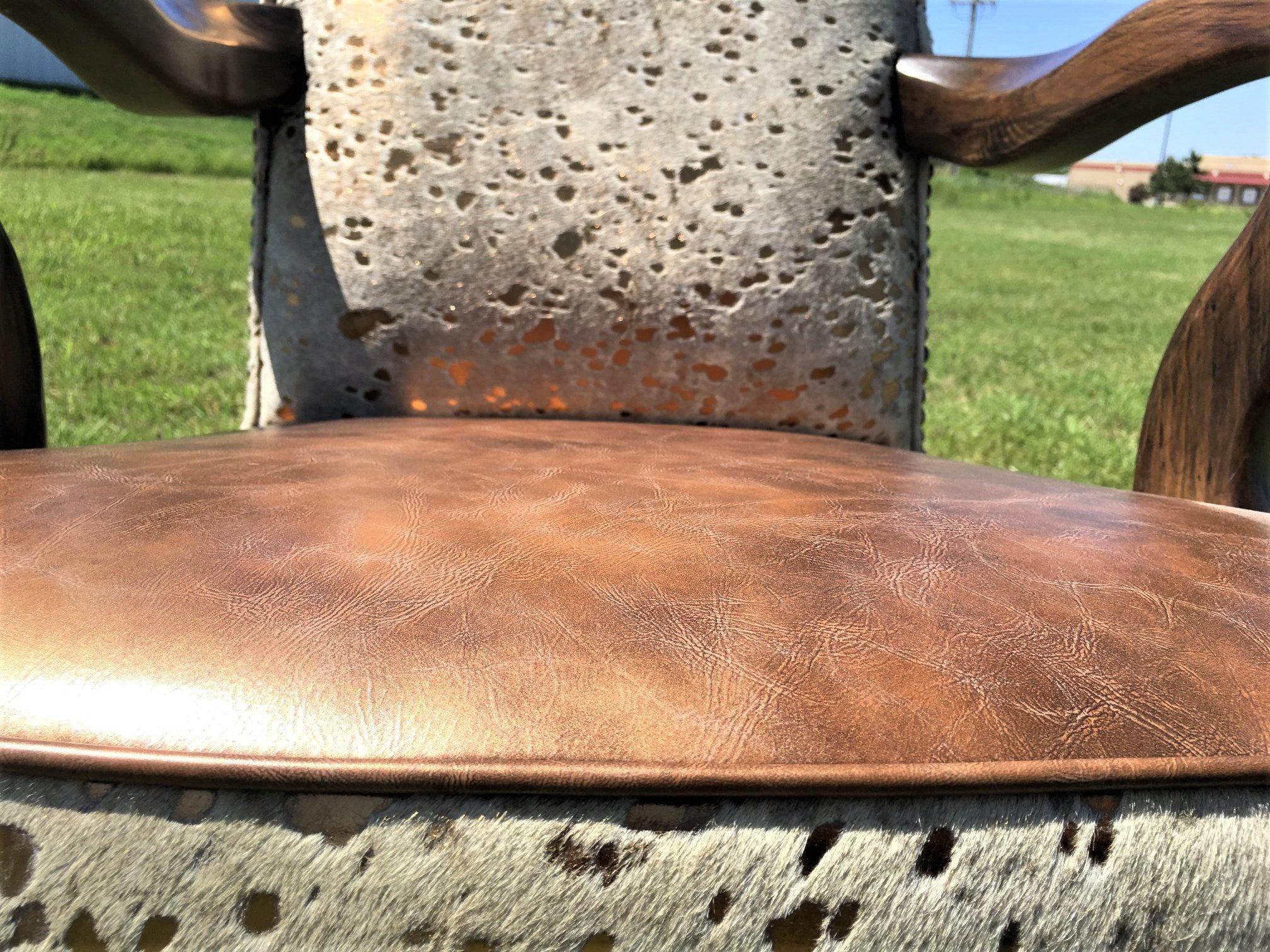 Custom upholstered Gold Acid Wash Cowhide Office Chair front detail made in the USA - Blue Mountain Brands USA