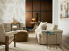 Modern living room with beige sofa, armchair, and side tables Blue Mountain Brands USA 