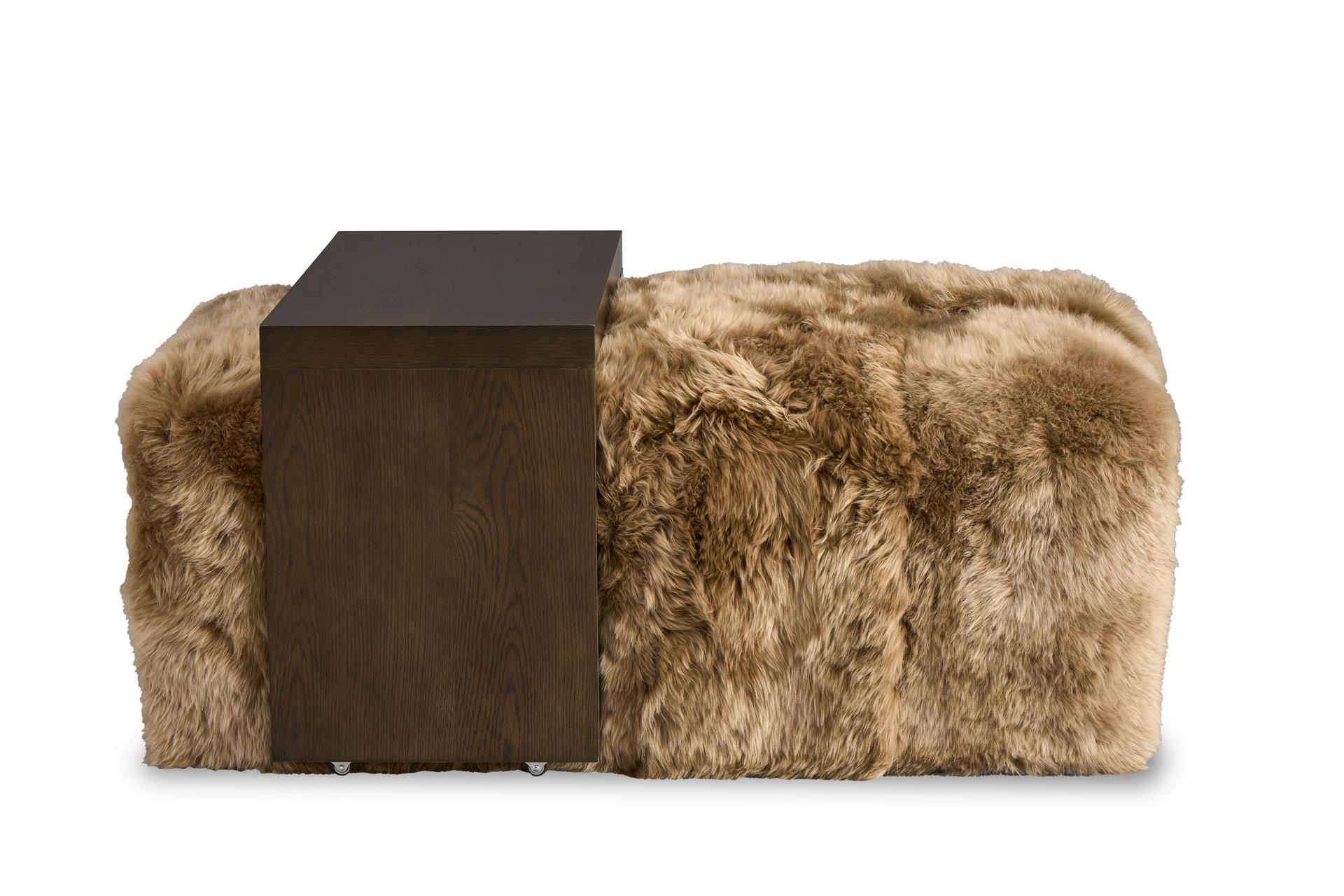 Brown fur ottoman with a dark wood cocktail table on a white background - Blue Mountain Brands USA
