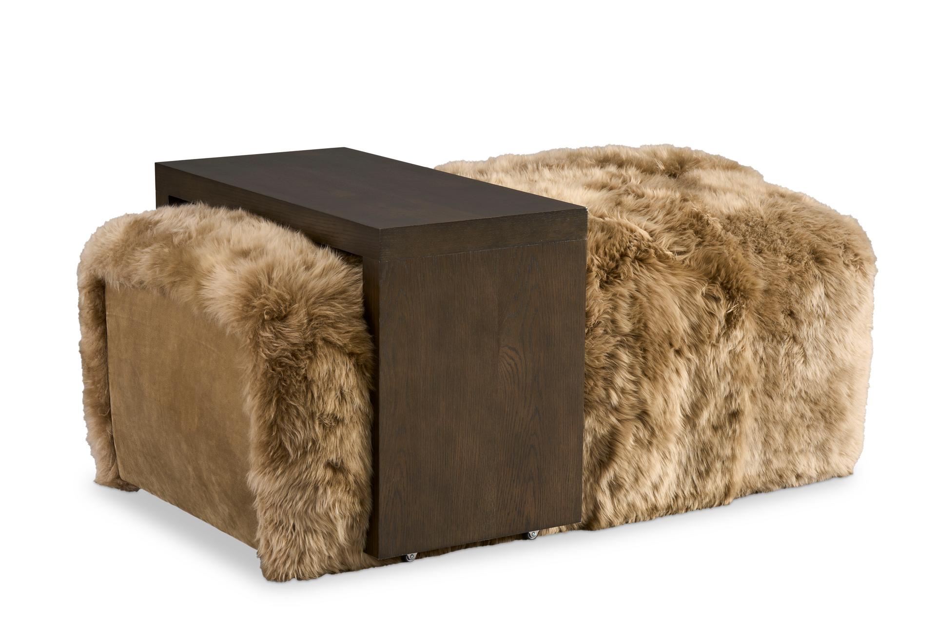 Brown fur ottoman with a dark brown base on a white background - Blue Mountain Brands USA