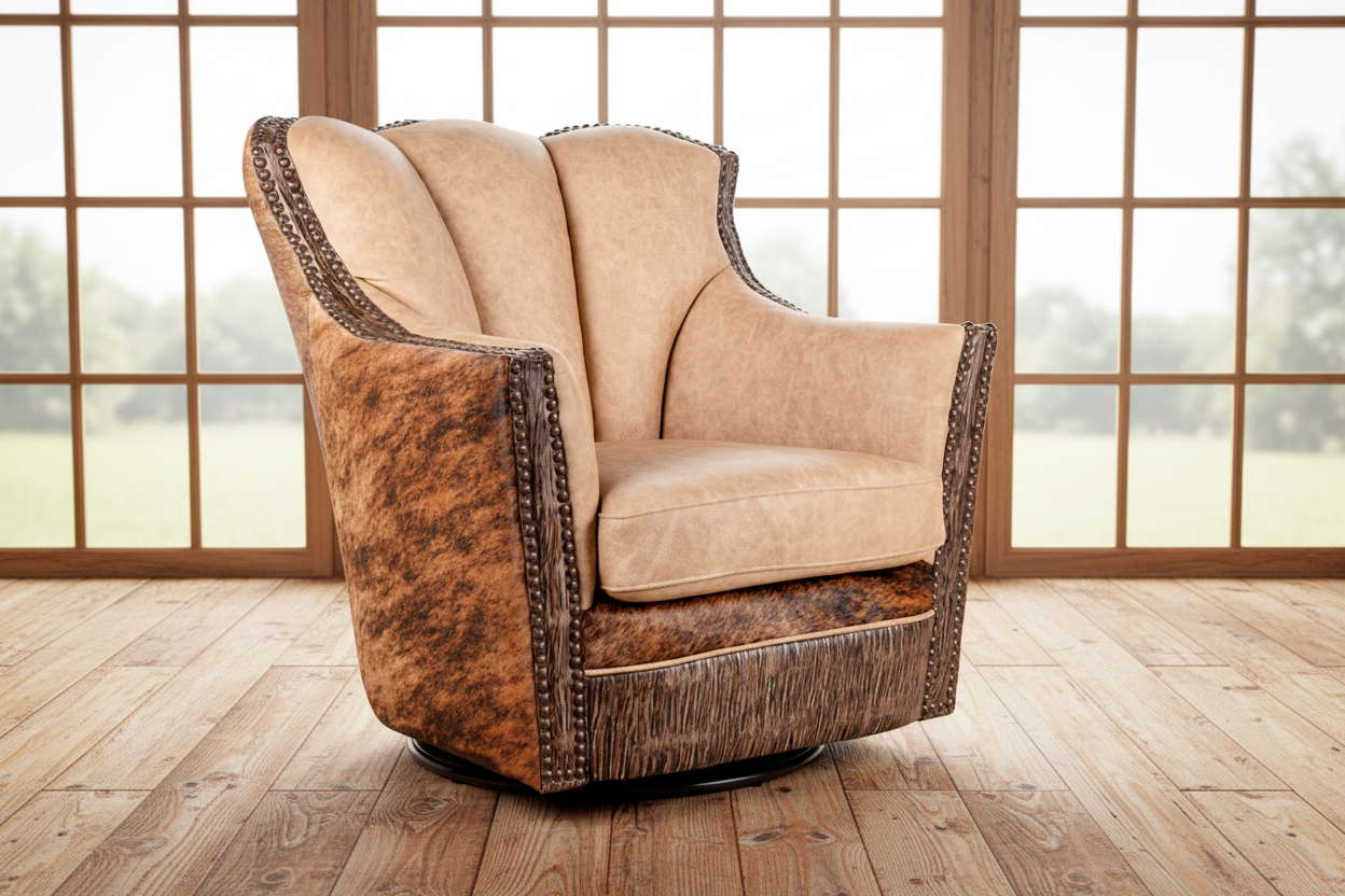 Palomino leather, embossed leather and brindle cowhide swivel chair made in the USA - Blue Mountain Brands USA