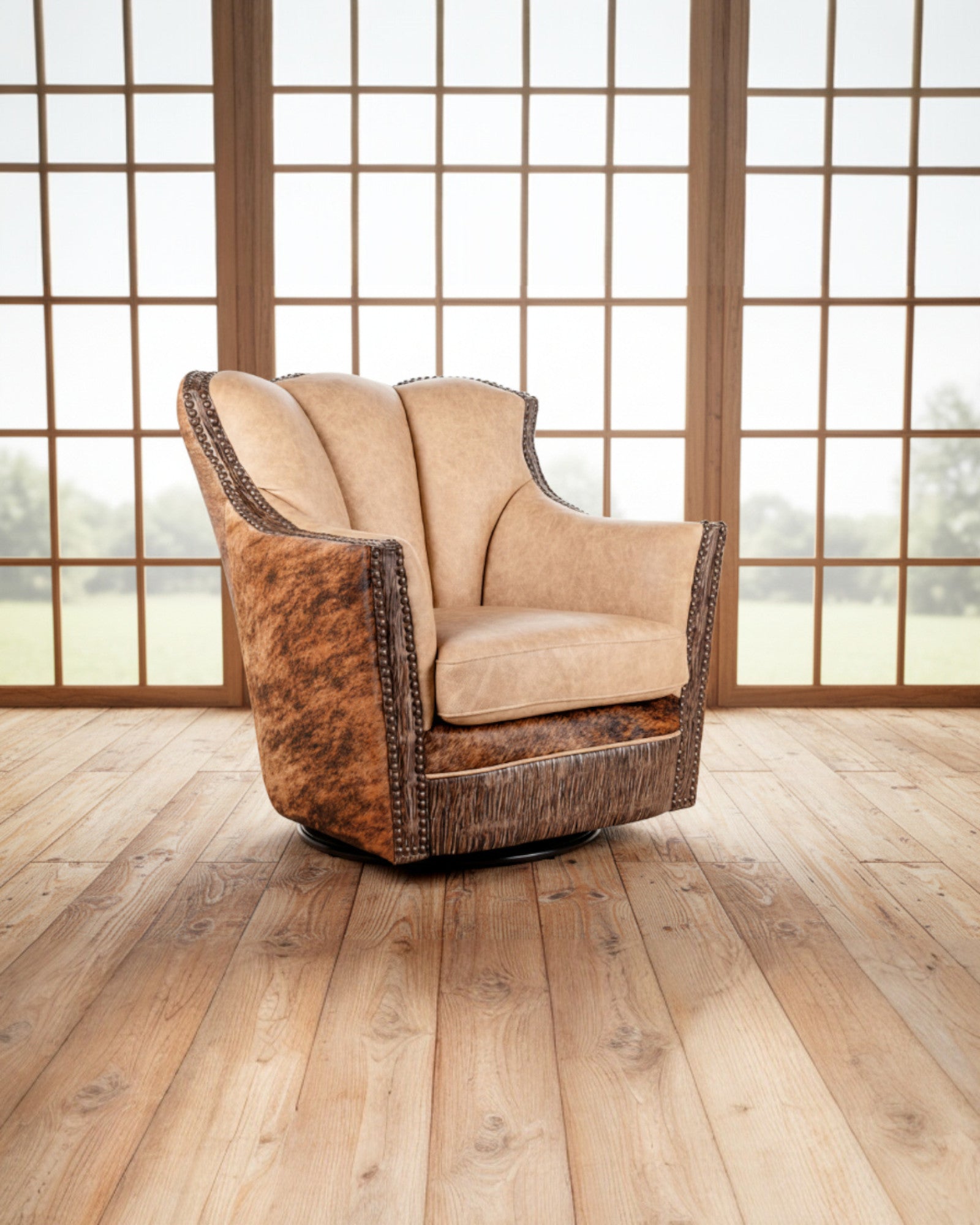 Chair with brown leather and beige cushion in a room with large windows - Blue Mountain Brands USA