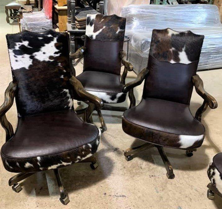 3 x tri color cowhide office chairs with dark leather seats and wood frame western executive desk chair American made, custom made