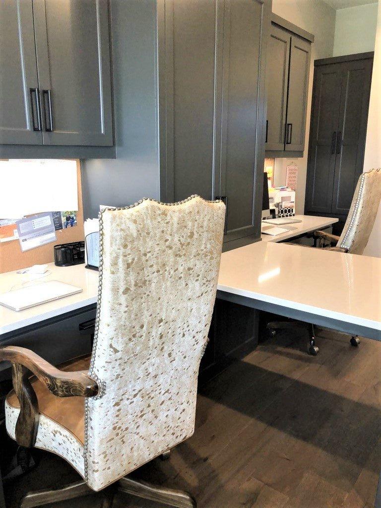 Backs of gold metallic acid wash cowhide and leather office chairs - Blue Mountain Brands USA