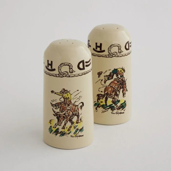 Rodeo Salt & Pepper Shakers featuring bull rider, rope and brands over buckskin glaze made in the USA - Blue Mountain Brands USA