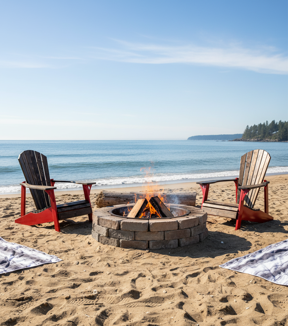 Beach scene with a fire pit and Adirondack chairs - Your Western Decor