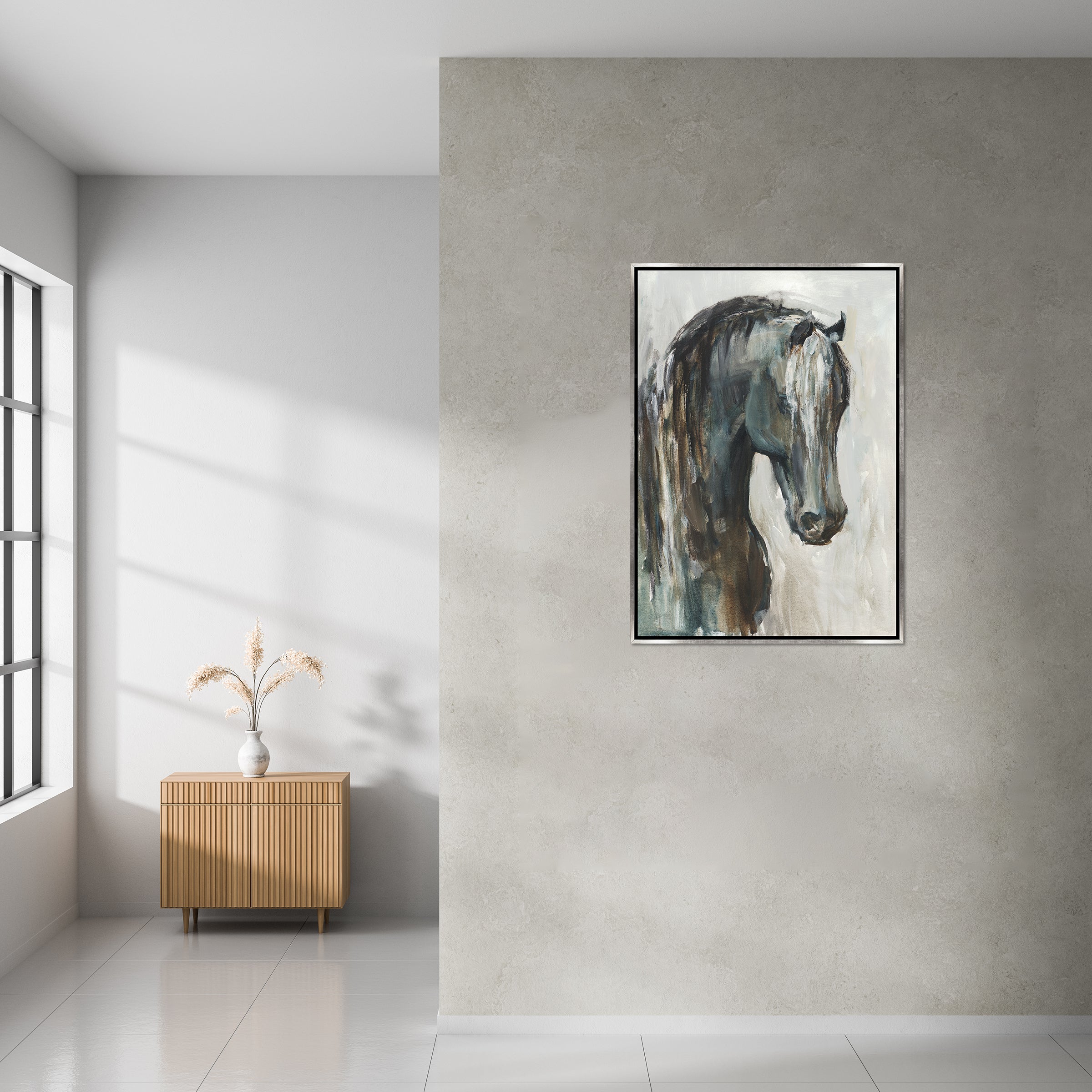 Framed painting of a horse on a wall in a modern room with a cabinet and window - Blue Mountain Brands USA