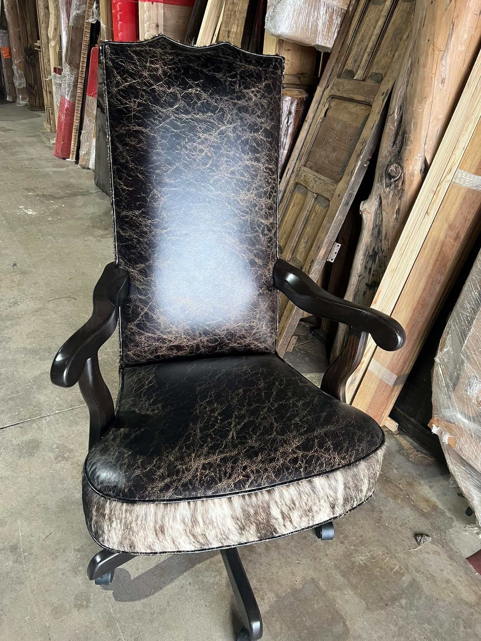 Rustic distressed leather and brindle cowhide office chair - Blue Mountain Brands USA