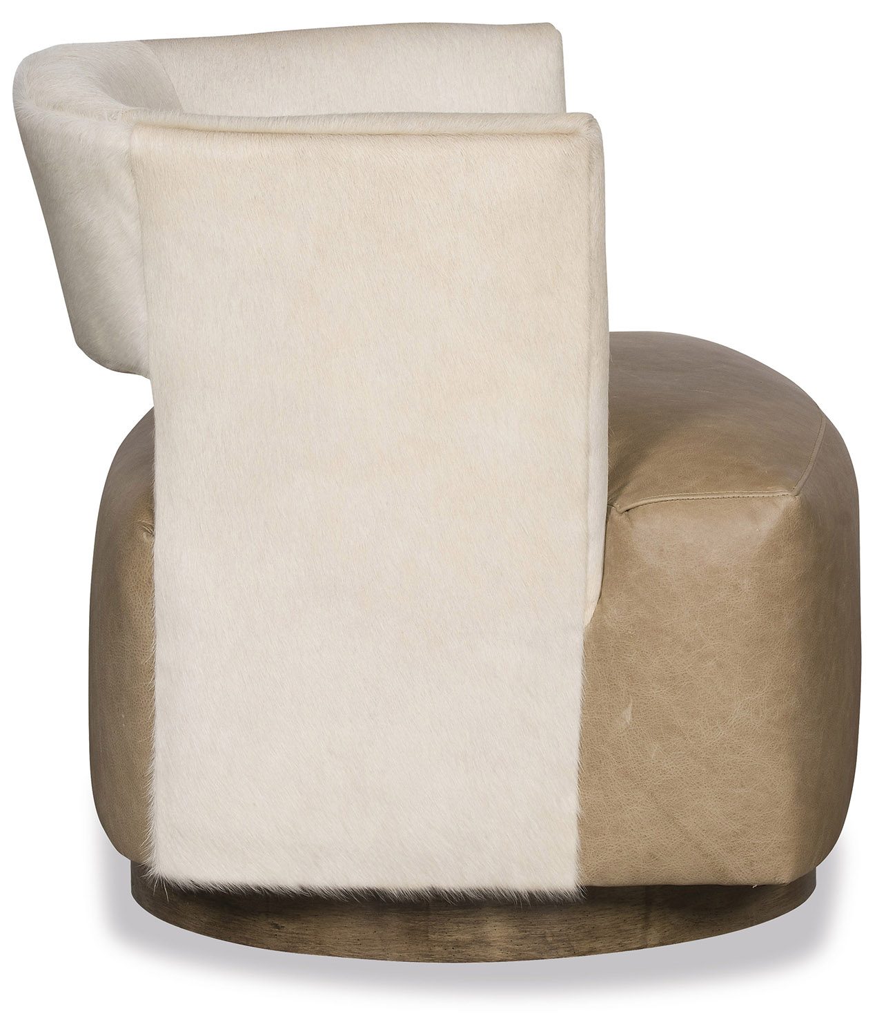 tan leather and ivory cowhide swivel chair side view 