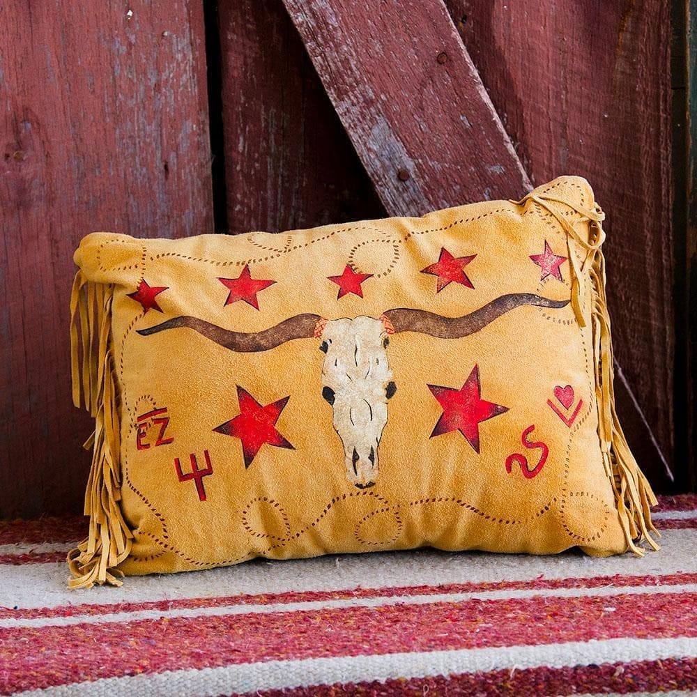 Suede deer hide accent pillow with hand painted longhorn skull, brands and starts - Made in the USA - Your Western Decor.