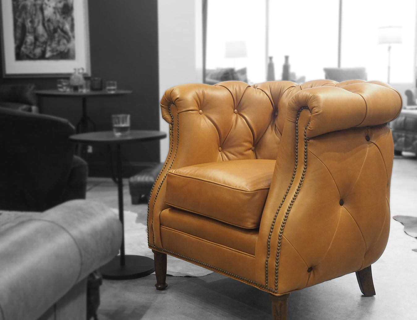 Tufted leather tub chair in butterscotch color leather - Blue Mountain Brands USA