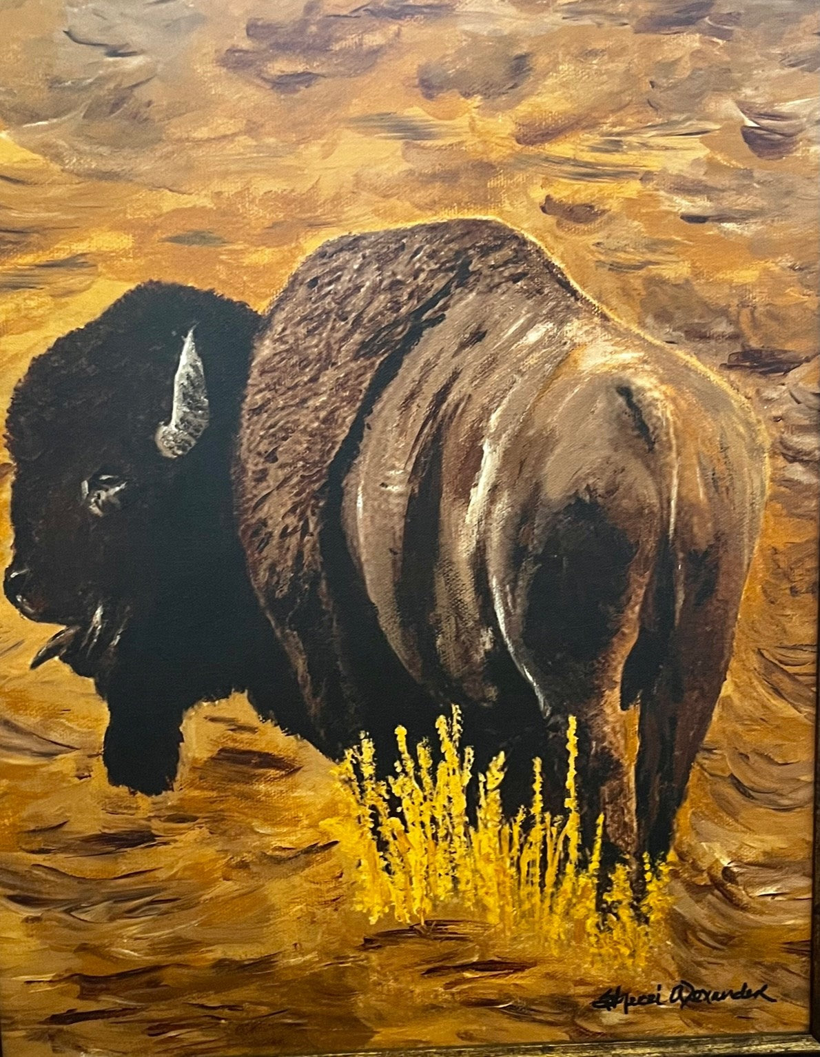 Painting of a bison in a natural setting with a warm color palette art by Sherri Alexander for Blue Mountain Brands USA