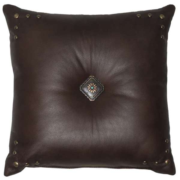 Texas Trails dark brown leather accent pillow with studs and concho - Blue Mountain Brands USA