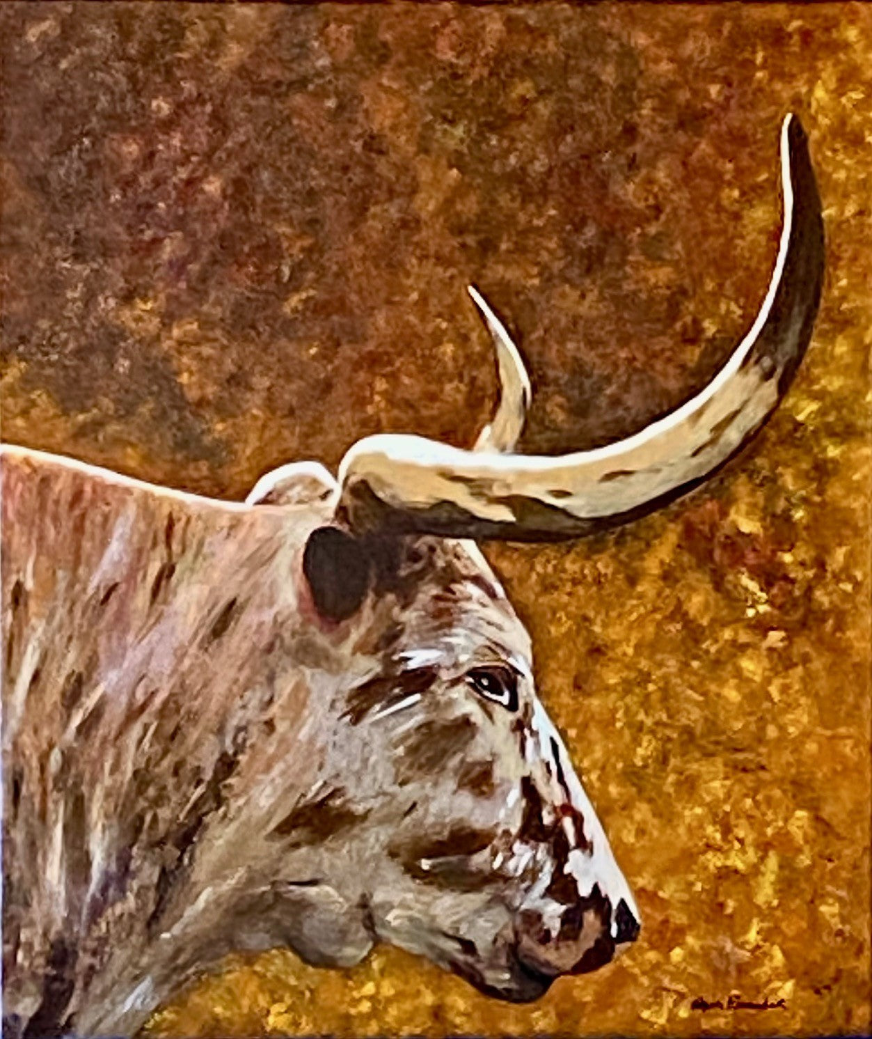 Painting of a longhorn cow's head with large horns on a textured brown and gold background - Art by Sherri Alexander made in the USA - Blue Mountain Brands