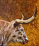 Painting of a longhorn cow's head with large horns on a textured brown and gold background - Art by Sherri Alexander made in the USA - Blue Mountain Brands