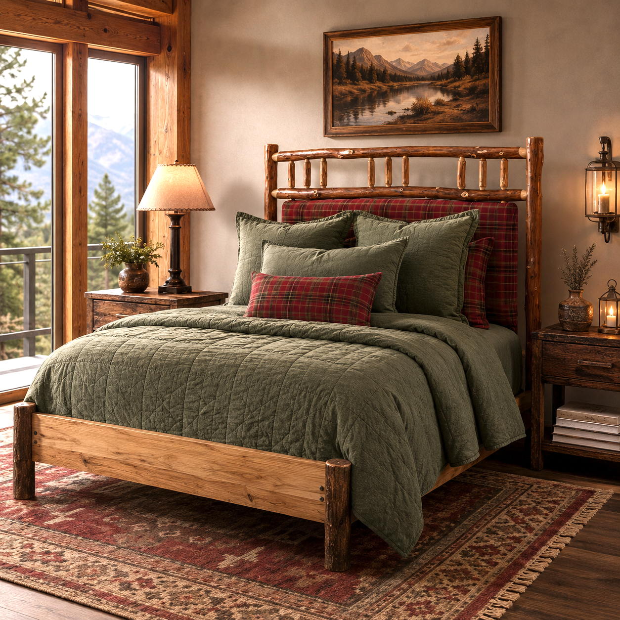 Rustic cabin bedroom with Timberline Upholstered Lodge Bed in Hickory wood and custom plaid upholstered headboard 