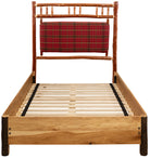 Timberline lodge bed facing front with plaid upholstered headboard - hickory frame