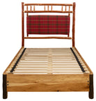 Timberline lodge platform bed facing front with plaid upholstered headboard - hickory frame