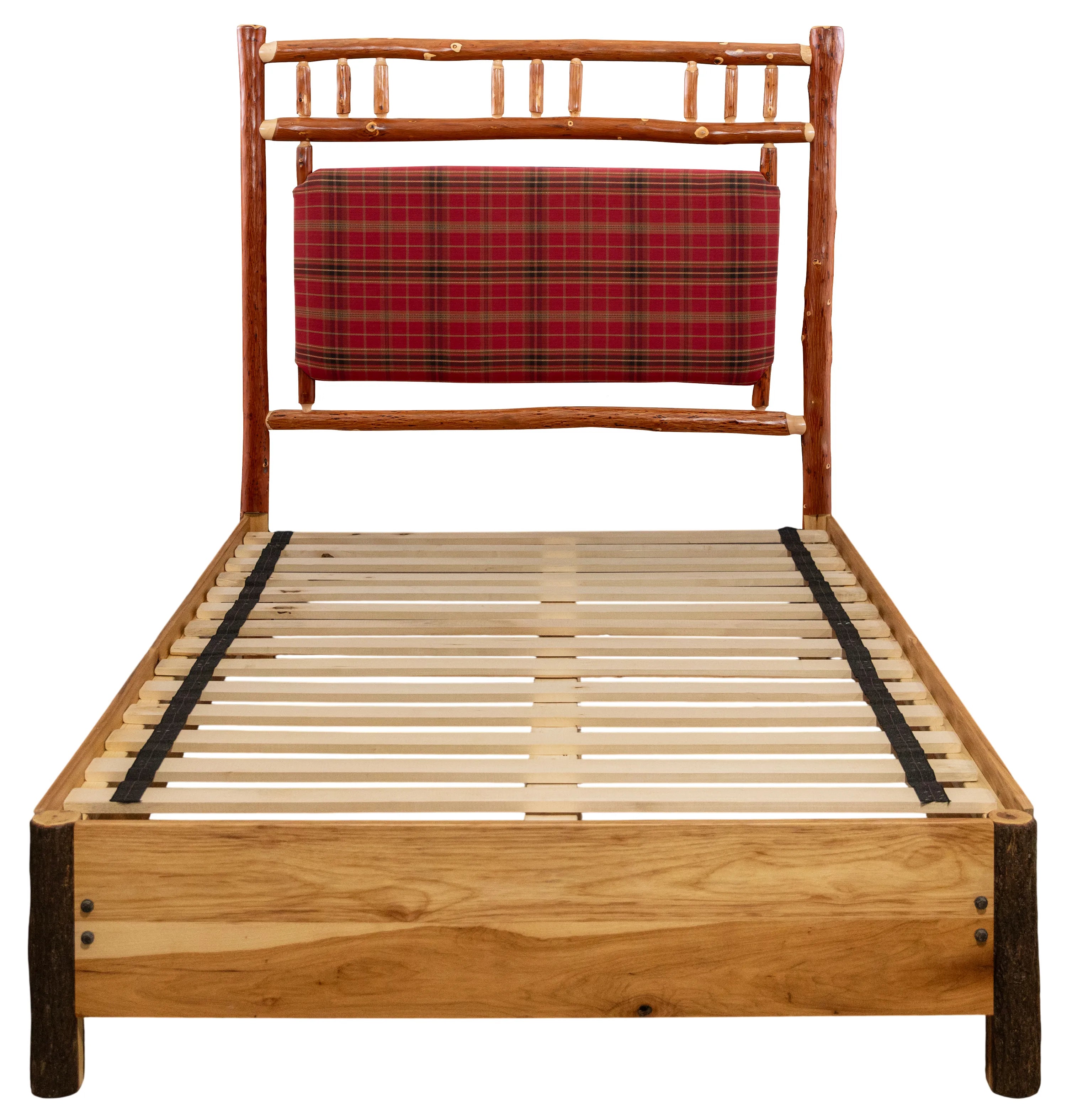Timberline lodge platform bed facing front with plaid upholstered headboard - hickory frame