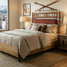 Ski lodge rustic bedroom with Timberline Upholstered Lodge Bed with custom plaid fabric headboard