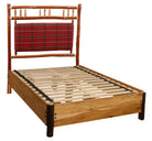 Timberline Hickory platform bed with custom upholstered headboard in plaid fabric 