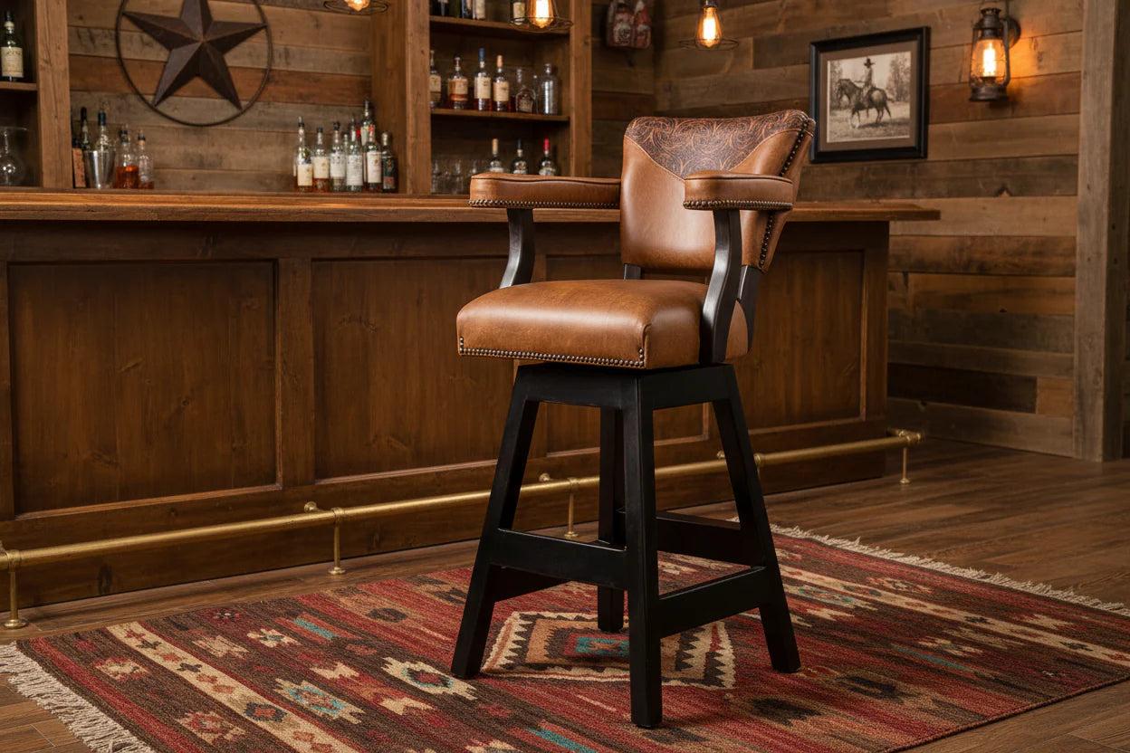 Brown leather bar stool with wooden legs on a white background - Your Western Decor