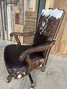 tri color cowhide office chair with dark leather seat and wood frame western executive desk chair