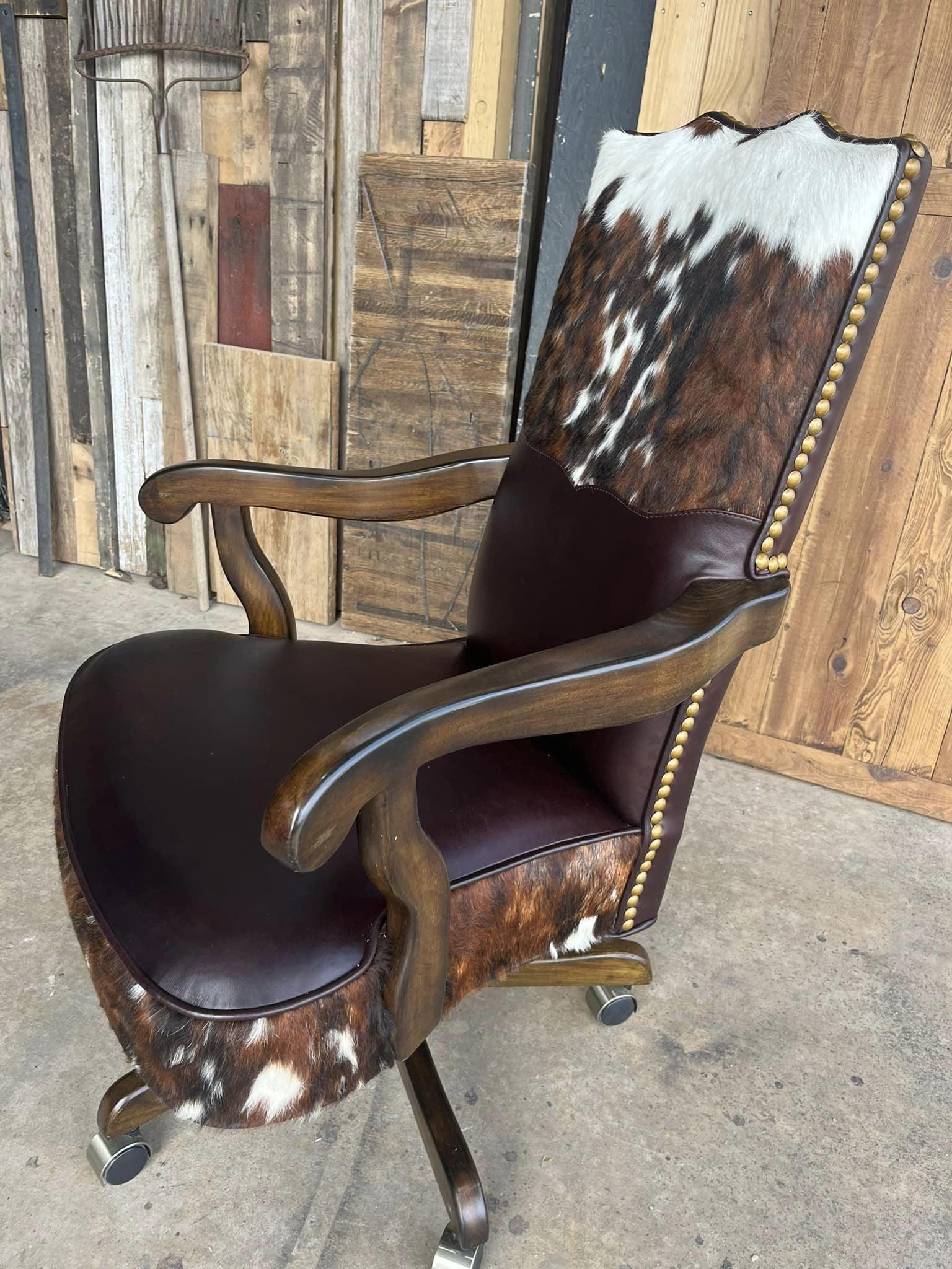 tri color cowhide office chair with dark leather seat and wood frame western executive desk chair
