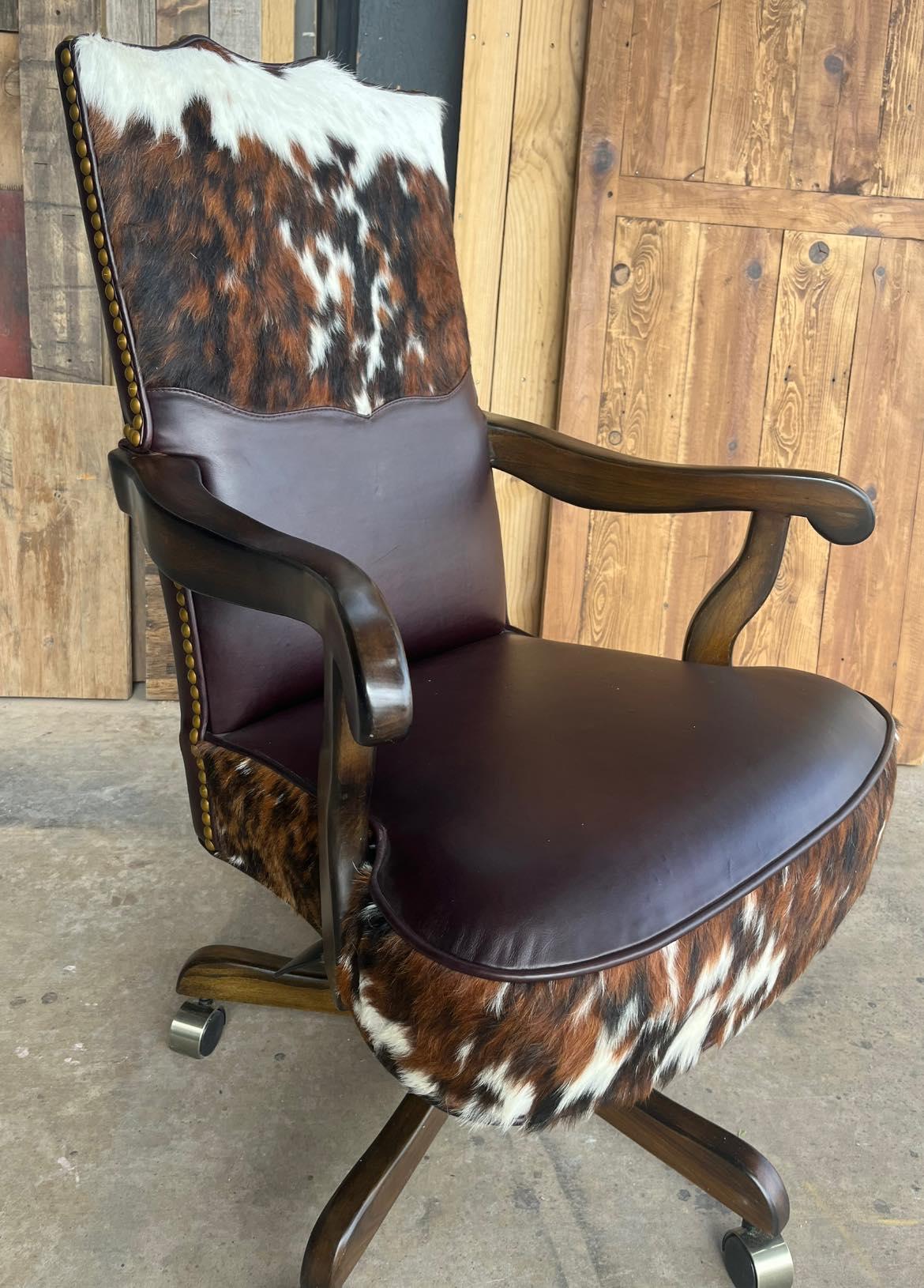 tri color cowhide office chair with dark leather seat and wood frame western executive desk chair