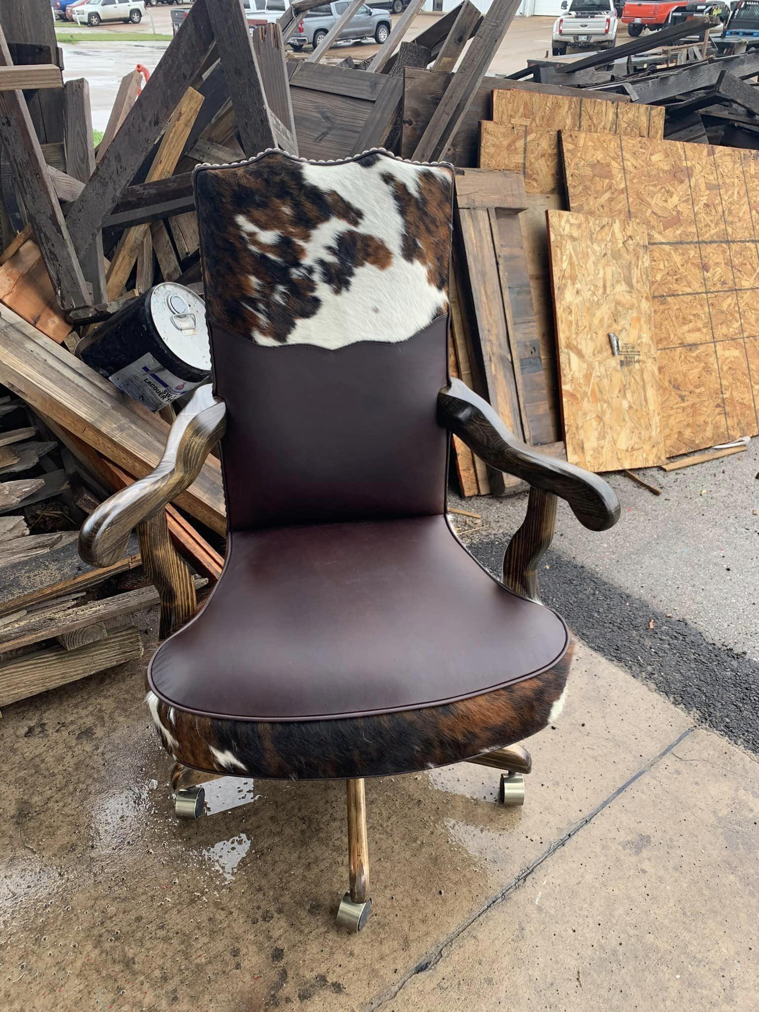 tri color cowhide office chair with dark leather seat and wood frame western executive desk chair
