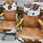 tri color cowhide office chair with light brown leather seat and wood frame western executive desk chair