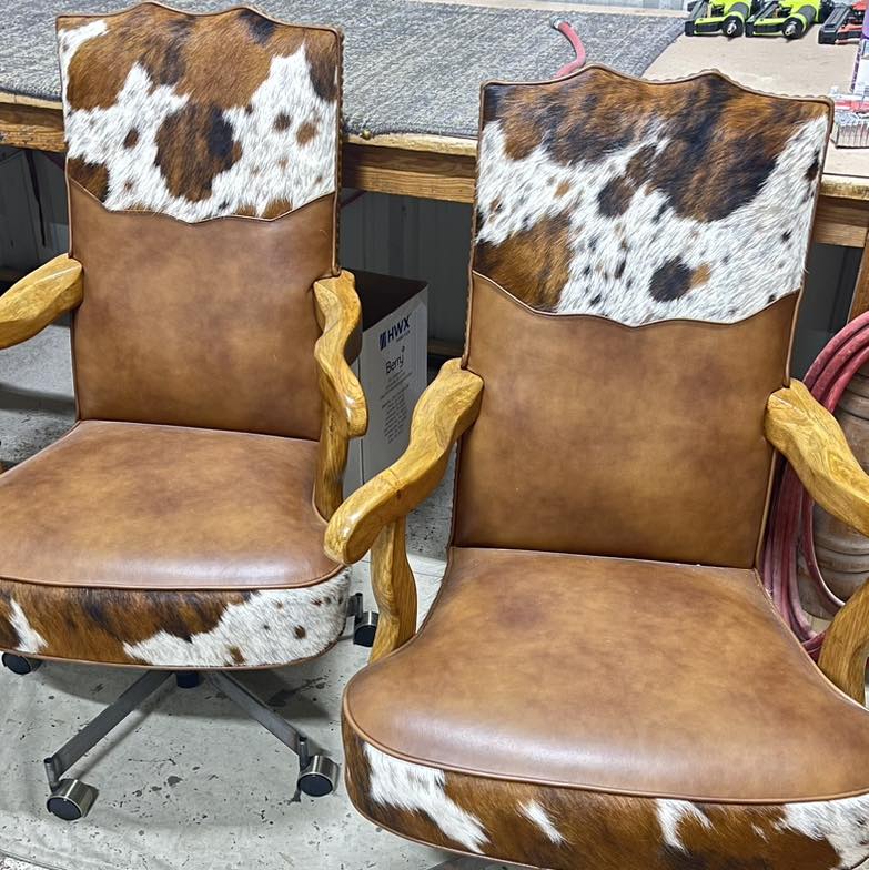 tri color cowhide office chair with light brown leather seat and wood frame western executive desk chair