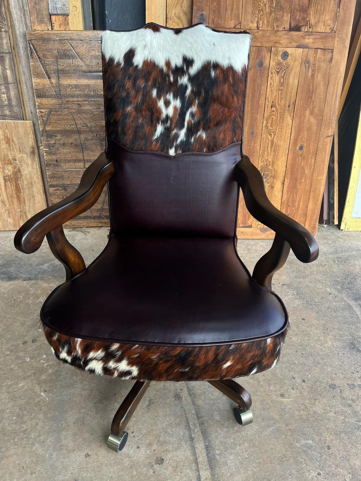 tri color cowhide office chair with dark leather seat and wood frame western executive desk chair