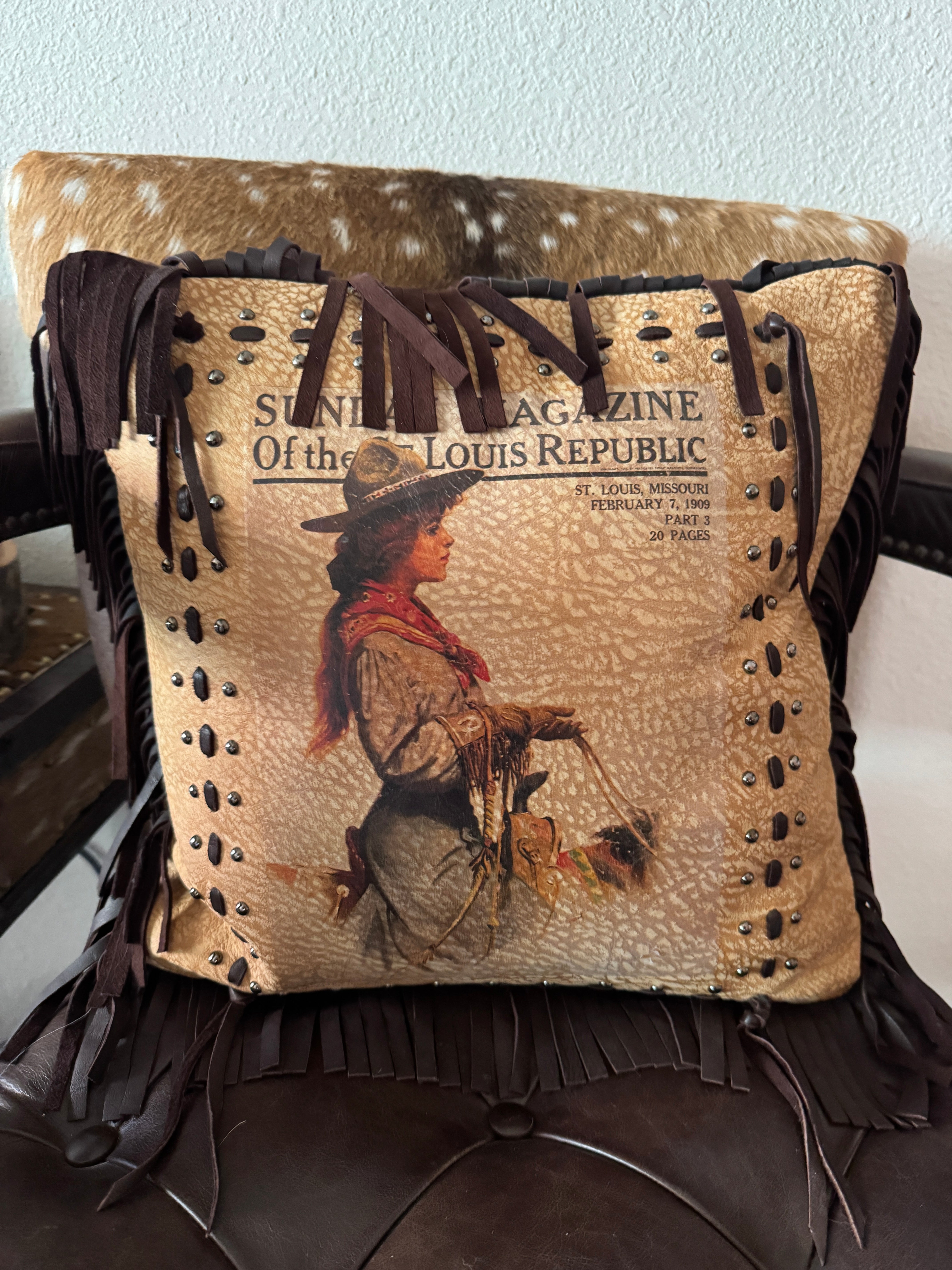 Vintage 1909 Sunday Magazine Leather Pillow handmade in the USA - Your Western Decor
