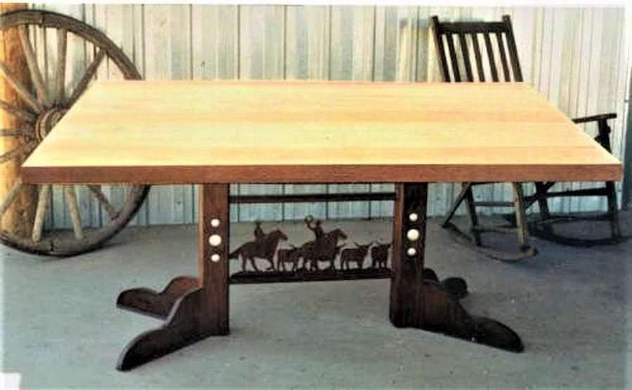 american made western dining table with artisan iron base
