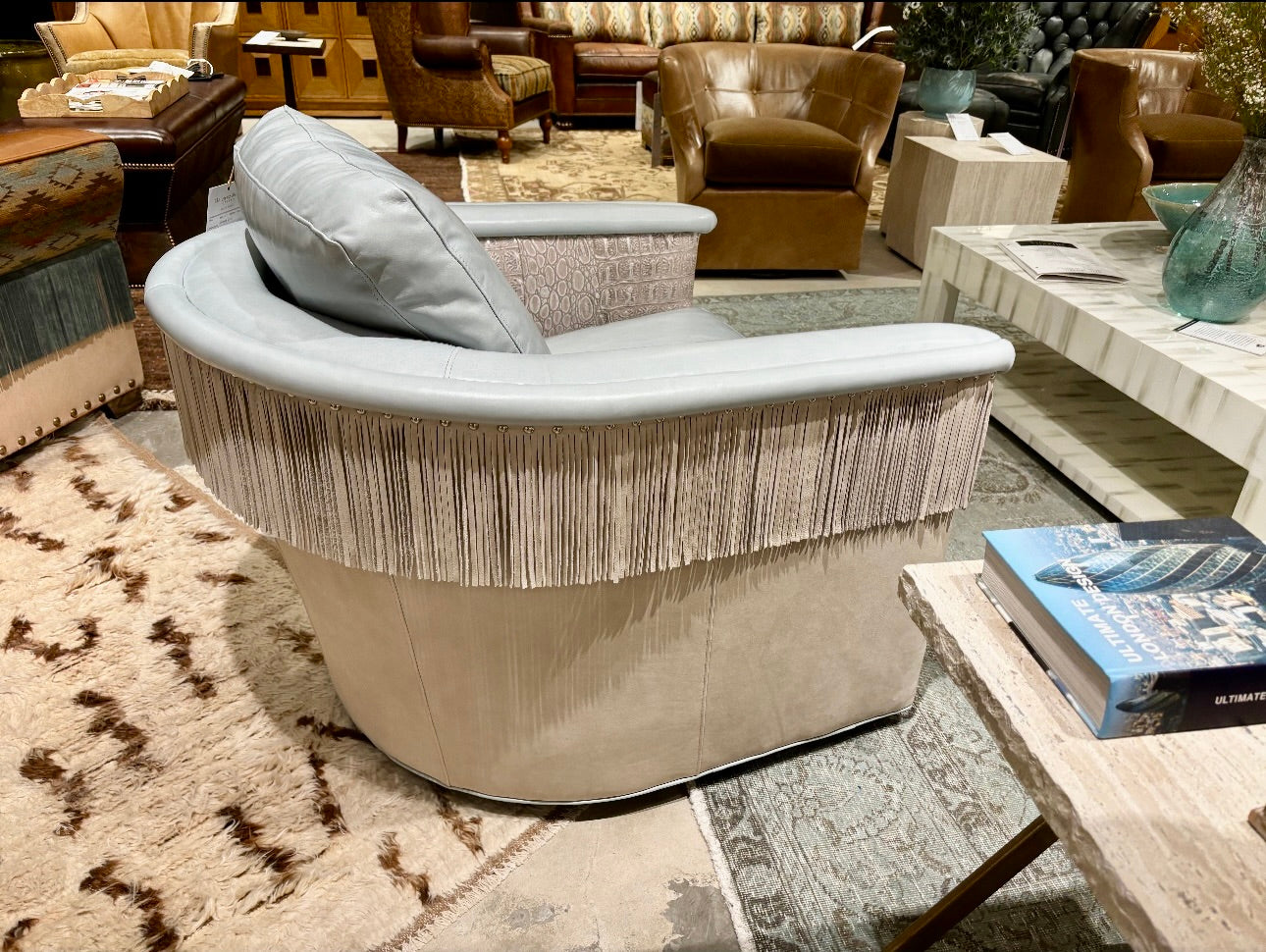 Custom and American made Western Elegance Leather Swivel Chair with Fringe side view - Blue Mountain Brands USA