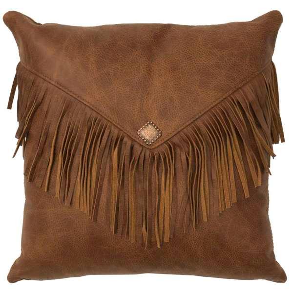 American made Whiskey Fringed Leather Pillow - Luxurious Western Decor Accent - Blue Mountain Brands USA