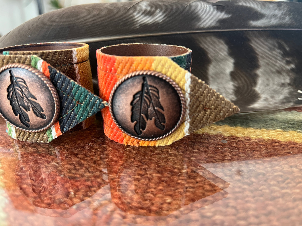 Feather and sunset serape napkin rings - handmade in Oregon - Your Western Decor