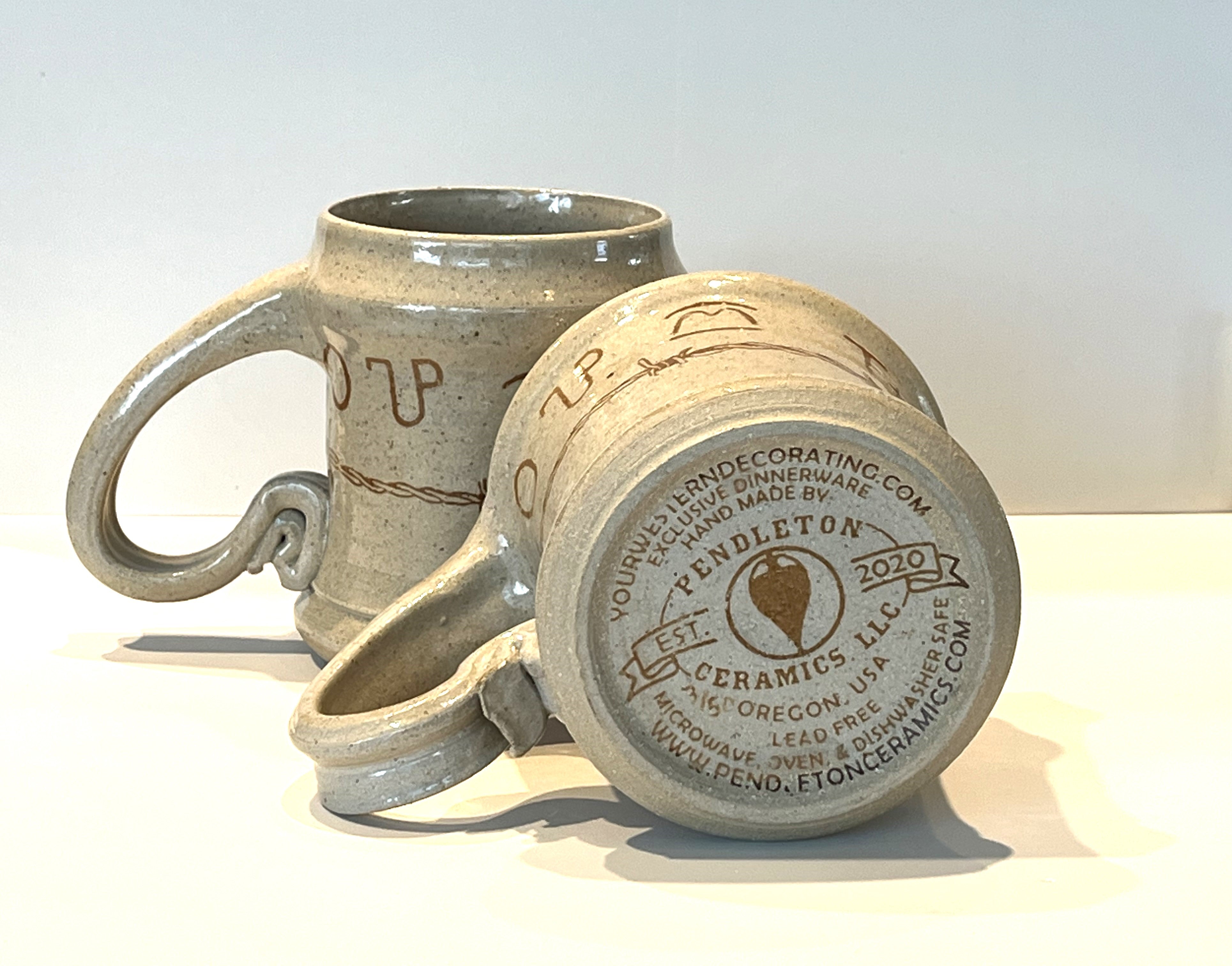 Made in Pendleton, Blue Mountain Bands Western Coffee Mugs with Brands and Barbed Wire 