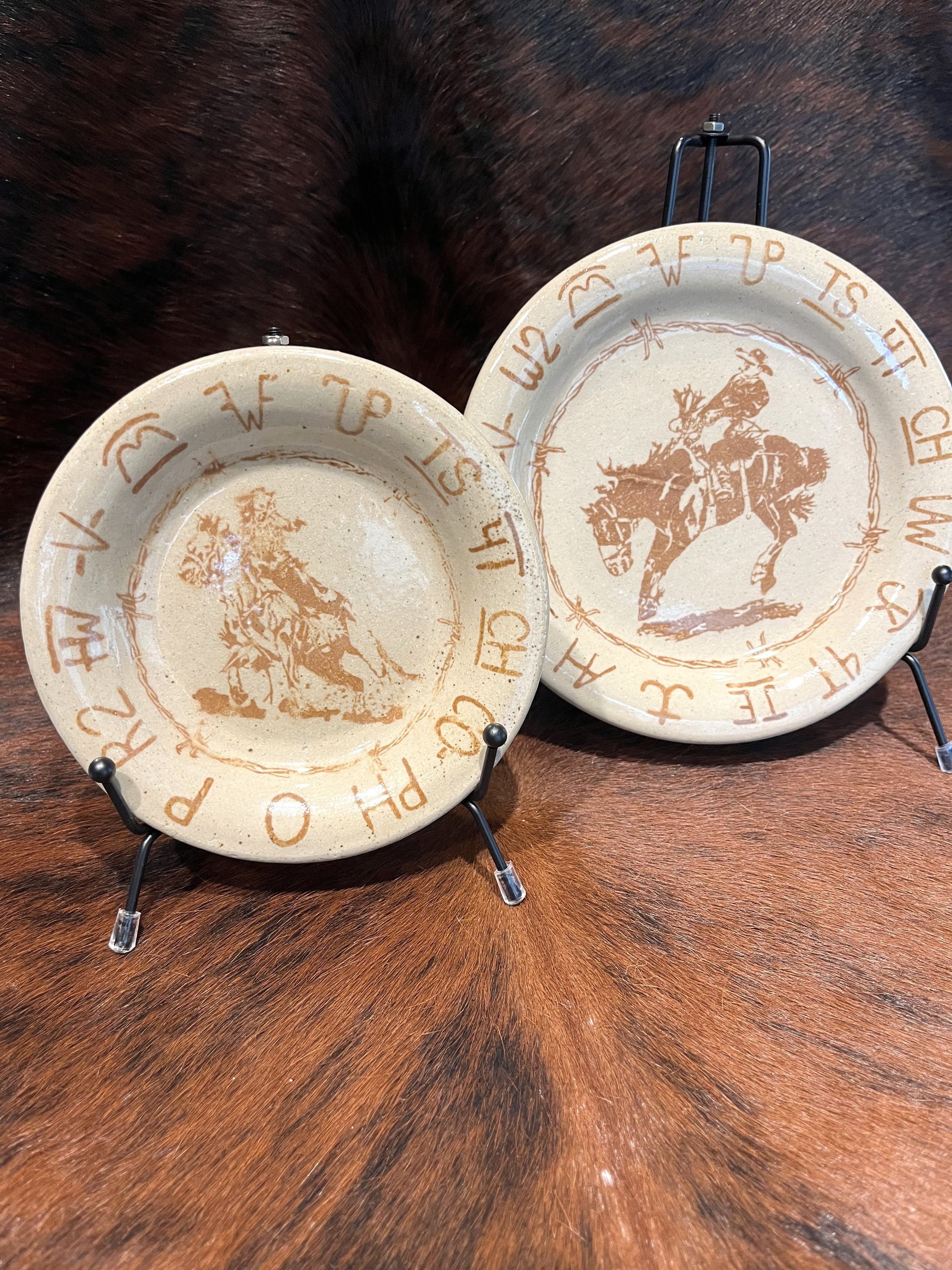 Shooters Saucer and Let 'er Buck Bread Plates made in the USA 