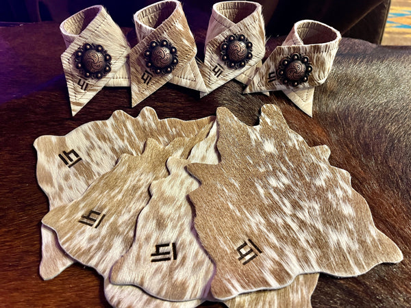 Custom branded cowhide coasters and napkin rings - Handmade by Randee McKague Your Western Decor in Pilot Rock, Oregon 